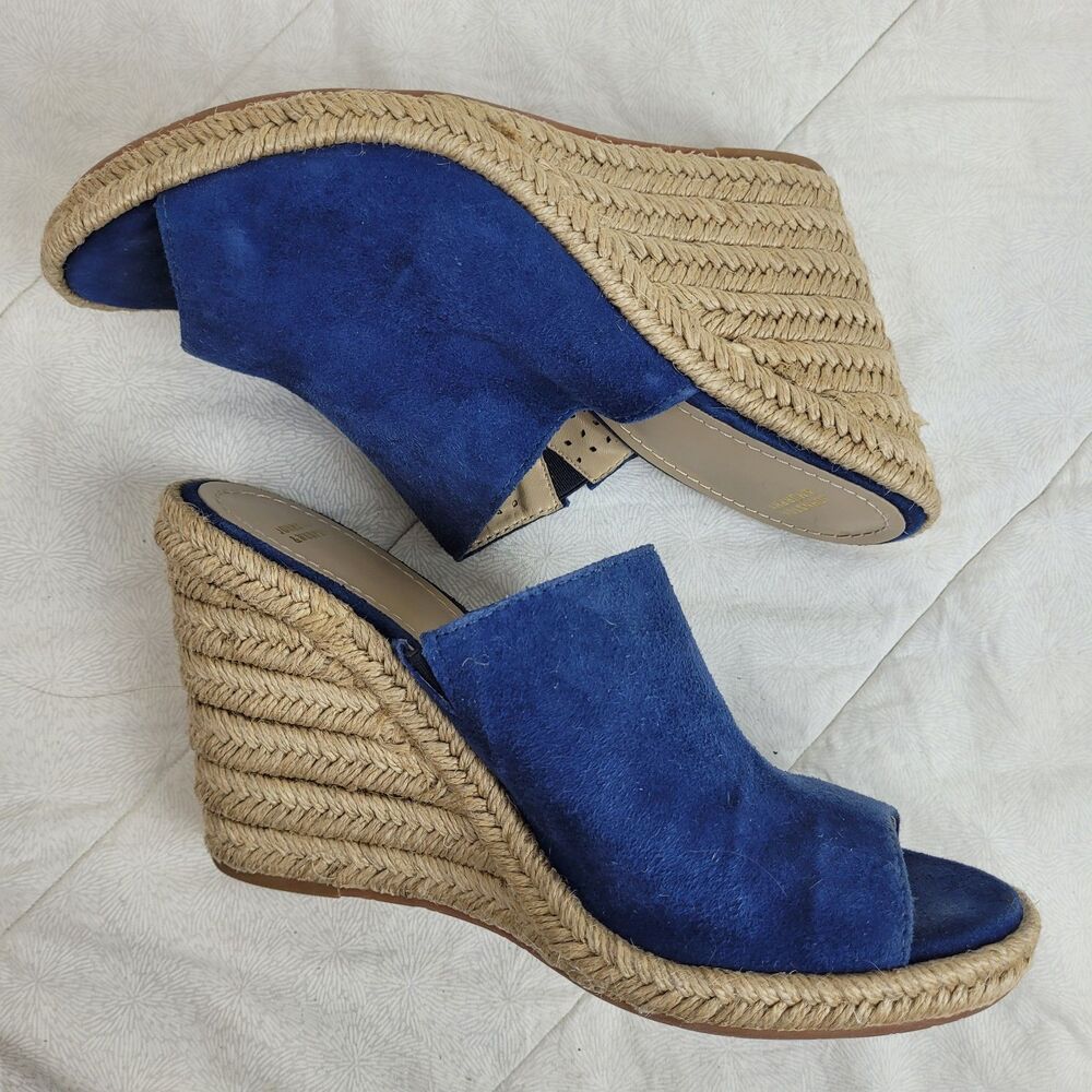 JOHNSTON & MURPHY BLUE SUEDE ESPARTO ROPE HIGH HEEL OPEN TOE WEDGE MULE 10M - Picture 9 of 13